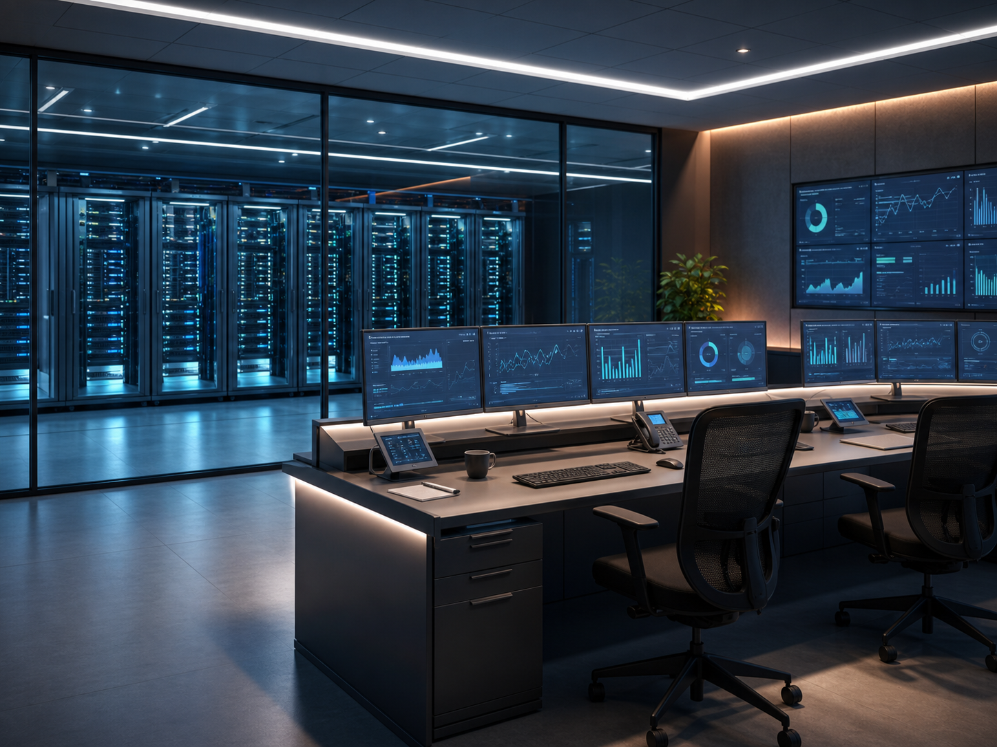 AI compute operations room with monitoring dashboards